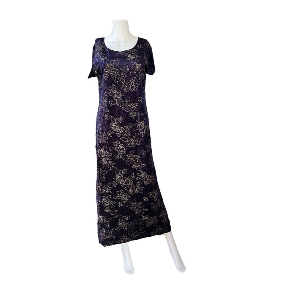 Vintage Velvet Maxi Dress Purple Floral Print Short Sleeve Keyhole Cottagecore